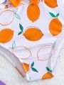 Baby Girls' Fruit Printed One-Piece Swimsuit With Bow Decor