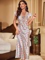 Floral Print Lace Up Front Ruffle Trim Satin Nightdress