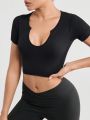SHEIN Yoga Basic Solid Color Slim Fit Cropped Sports T-Shirt With Notched Neckline