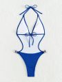 SHEIN Swim SXY One-Piece Swimsuit With Rhinestone Decor And Open Back Design