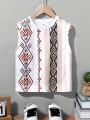 SHEIN Kids EVRYDAY Young Boy's Casual And Comfortable Geometric Pattern Sleeveless Top With Round Neckline For Spring And Summer