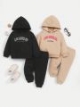 SHEIN 4pcs Baby Boys' Hooded Letter Printed Sweatshirt And Jogger Pants Outfit Set