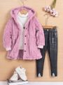 SHEIN Kids EVRYDAY Girls Casual Heart-To-Heart Furry Waisted Mid-Length Jacket And Imitation Denim Leggings