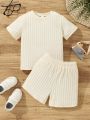 SHEIN Kids QTFun 2pcs/Set Toddler Boys' Jacquard Knit Ribbed Casual Solid Color Sporty Outdoor Holiday Outfits For Summer