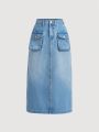 SHEIN Teen Girls' Casual High Waisted Loose Fit Denim Skirt