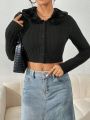 SHEIN Essnce Women's Short Cut Buttoned Cardigan With Furry Collar