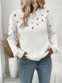 SHEIN LUNE Women's Casual Floral Embroidery Loose Knit Sweater With Drop Shoulder