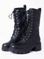 Chunky High Heeled Women Motorcycle Boots Platform Lace Up Mid Calf Cool Fashion Punk Gothic Luxury Winter Shoes Woman
