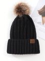 Dudeline Elegant And Fashionable Knitted Beanie Hat With Fur Lining, Pom-pom And Label, No Brim, For Autumn And Winter