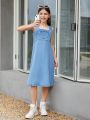 SHEIN Girls' Lovely Heart-shaped Casual Denim Dress, For Kids