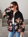 SHEIN Tween Girl Floral Print Zip Up Hooded Jacket
