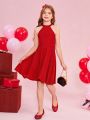 SHEIN Kids FANZEY Big Girls' Knitted Solid Color Loose Sleeveless Pullover Elegant Dress