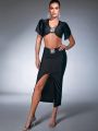Sarah LA Rhinestone Detail Crop Top & Split Thigh Skirt