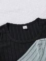 SHEIN 3pcs Teen Girls' Knitted Fleece Rib Raglan Short Sleeve Tight T-Shirt With Square Neckline Set