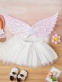 SHEIN Baby Girls' Elegant, Romantic, Lovely & Interesting Mesh Tutu Skirt Set Including Wings