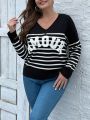 SHEIN LUNE Women's Plus Size V-neck Velvet Letter Striped Sweater