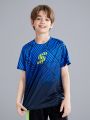 SHEIN Boys' Fit Sports Round Neck Letter Stripe Pattern Short-Sleeved T-Shirt