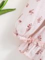 SHEIN Newborn Baby Girls' Floral Pattern Puff Sleeve Ruffled Romper With Headband Set
