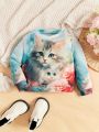 SHEIN Baby Girls' Lovely Cat Oil Painting Pattern Long Sleeve Round Neck Sweatshirt