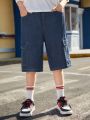 SHEIN Boys' Elastic Waist Flip-Pocket Side Stripe Denim Shorts