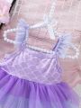 Baby Girl'S Mermaid Tail Pattern Color Block Mesh Layered Frilled Hem Spaghetti Strap Dress