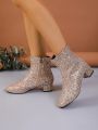 Women's Fashionable Pointed Toe Side Zipper Chunky Heel Short Boots With Golden Sequins For Fall Winter, Elegant & Slimming