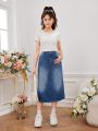 Teen Girls' Vintage College Style Casual Basic Elastic Waist Denim Skirt, Suitable For Any Occasion