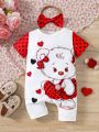 Baby Girl Cartoon Printed Short Sleeve Romper With Round Neck