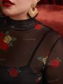 Frida Kahlo X SHEIN Plus 1pc Floral Print Mock Neck Tee