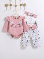 SHEIN Baby Girl Pink Cute Kitten Pattern Romper With Headband & 3d Bowknot, Colored Leopard Print 3pcs Home Outfits