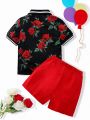 SHEIN Young Boy Short Sleeve Floral Printed Top And Solid Color Shorts Set