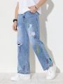 Teen Boy New Casual & Fashionable Graffiti Splatter Design Washed Denim Straight Leg Jeans, All Seasons
