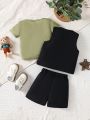 Baby Boy 3pcs Letter Print Round Neck Short Sleeves T-Shirt + Utility Vest Jacket + Shorts Casual Outfit