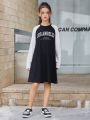 SHEIN Big Girls' Loose Casual Color Block Patchwork Drop Shoulder Sleeve Dress