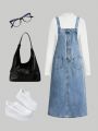 SHEIN Teens Girls Vintage Style Solid Button Front Pocket Denim Overall Long Dress Without Tee,Kids Summer Dress