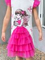 SHEIN Kids Y2Kool Young Girls' Sporty & Sweet Knitted Cartoon Character Printed Mesh Patchwork Cap Sleeve Dress, For Spring/Summer