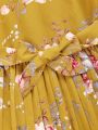 SHEIN Kids SUNSHNE Girls Floral Print Flounce Sleeve Pleated Hem Belted Dress
