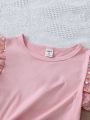 SHEIN Kids Nujoom Young Girls' Pink T-Shirt With Beaded Flutter Sleeves