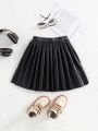 SHEIN Kids EVRYDAY Tween Girl Pu Street Fashionable Pleated Skirt, Knee-Length
