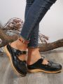 Women's Black 6-petal Flower Wedge Heel Thick Sole Shoes