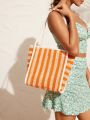 SHEIN VCAY Contrast Binding Woven Women's Striped Tote Bag