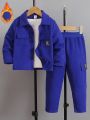 SHEIN Kids EVRYDAY Little Boys' Fleece Lined Jacket And Pants Set With Turn-Down Collar