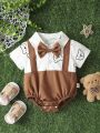 Baby Boy Two-Tone Color Bear Printed Thin 2 In 1 Shirt Bodysuit For Summer