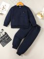 SHEIN Kids EVRYDAY Young Boy Solid Pocket Patched Quilted Sweatshirt & Sweatpants