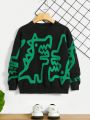 SHEIN Kids QTFun Boys' Casual Long Sleeve Round Neck Warm Sweater Featuring Green Dinosaur Pattern