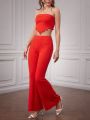 Forever 21 Casual Red Texture Strapless Knit Flared Pants Suit For Women
