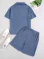 SHEIN Teenage Boys' Casual Texture Fabric T-Shirt And Shorts Set, Versatile Outfits