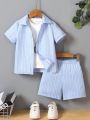 SHEIN Kids EVRYDAY Young Boy's Textured Stripe Short Sleeve Shirt And Shorts Set, Casual Beach Style For Summer