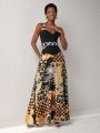 ISELACOS Women's Leopard Print & Patchwork Spaghetti Strap Dress