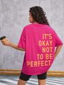 SHEIN Teen Girls' Knit Back Printed Slogan Casual T-Shirt